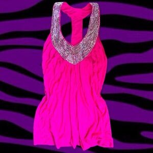 Y2k Hot Pink Bedazzled Backless Tank Top w/ Rhinestone Neckline ~ Size 6
